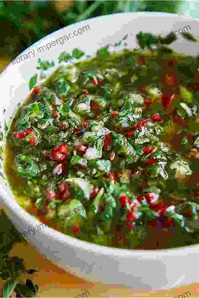 A Bowl Of Freshly Made Chimichurri Sauce, Garnished With Fresh Parsley And Cilantro Chimichurri Sauce With Dishes: Adding The Flavour In Food: How To Make Chimichurri Sauce